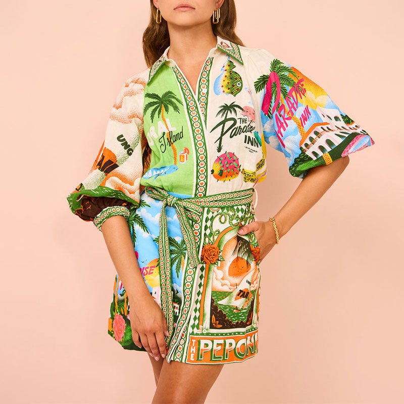 Printed lace up cardigan temperament short dress for women