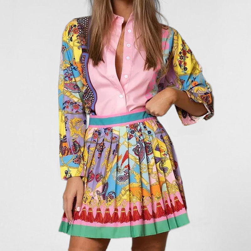 Printed long sleeved shirt top+pleated skirt set for women