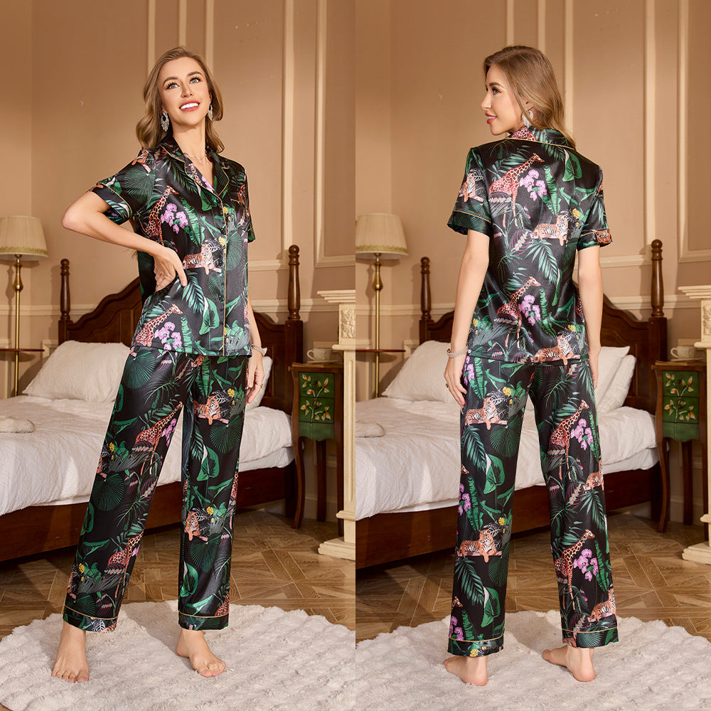 Silk Short Sleeve Long Pants Pajama Set with Print for Women
