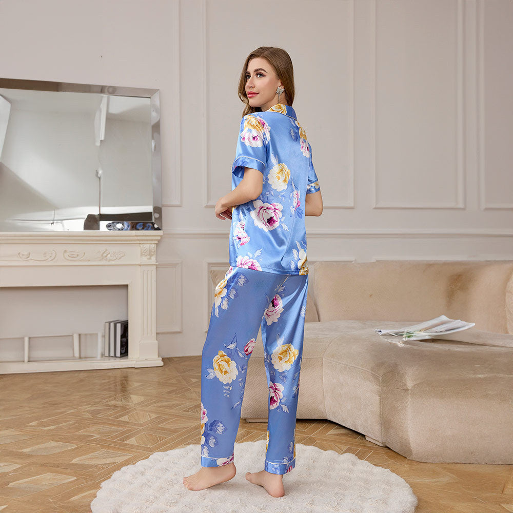 Silk Short Sleeve Long Pants Pajama Set with Print for Women