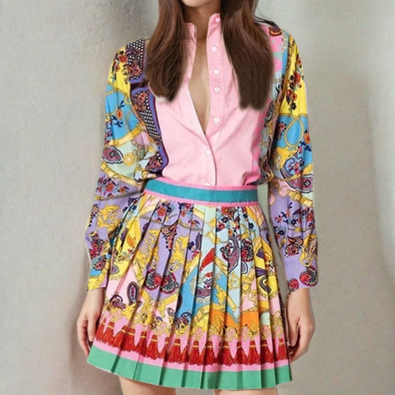 Printed long sleeved shirt top+pleated skirt set for women