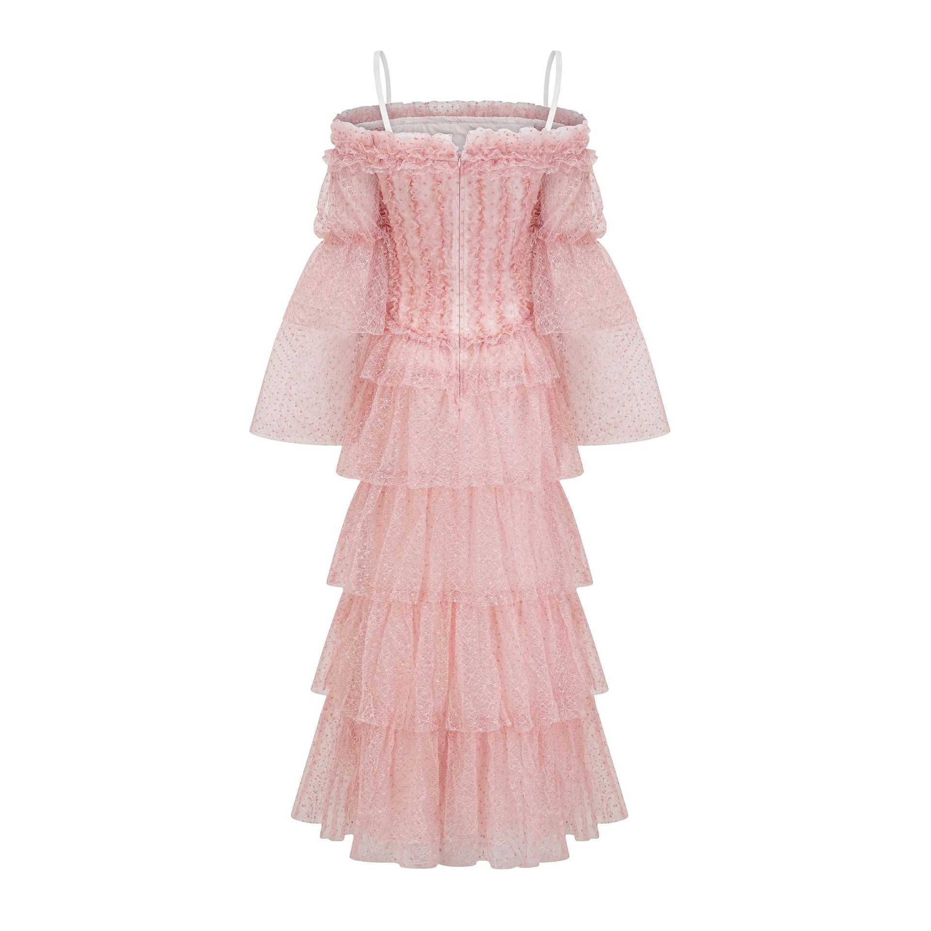 Sweetheart Neck Polka Dot Green Tiered Dress with Off-the-Shoulder Sleeves