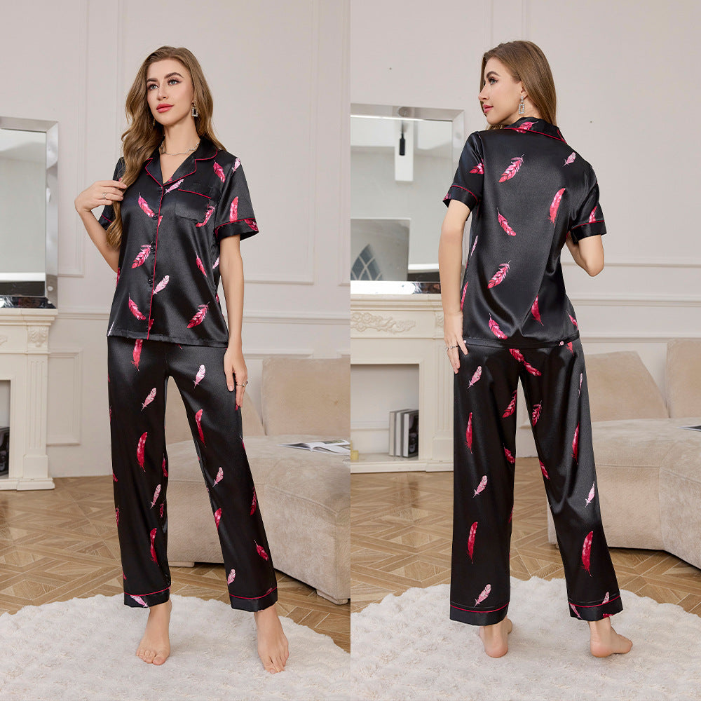 Silk Short Sleeve Long Pants Pajama Set with Print for Women
