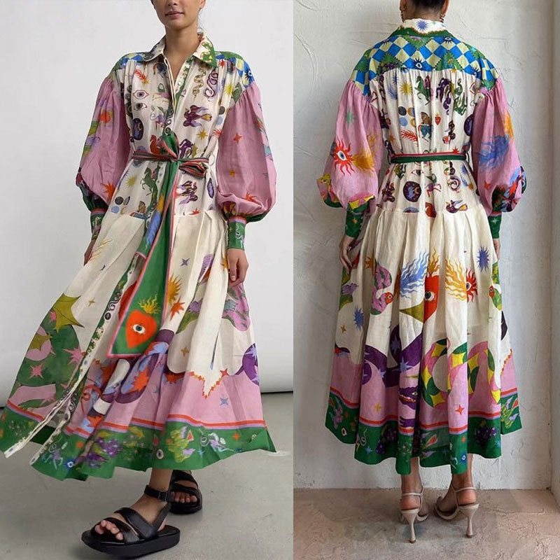 Lantern sleeve printed long sleeved dress with a lapel and waist cinched design