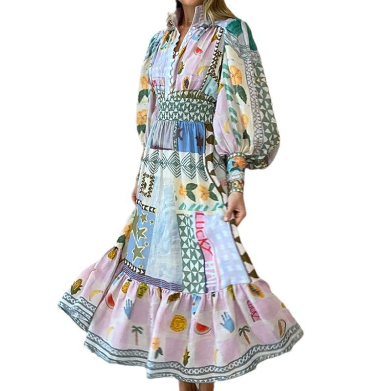 Colorful printed lantern long sleeved waist cinching dress for women