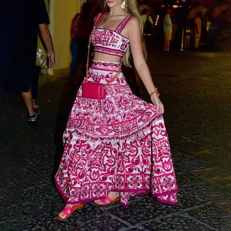 Short camisole top printed large skirt fashion set