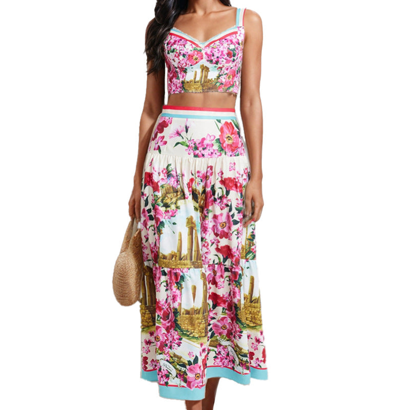 Splicing strapless camisole skirt fashion set two-piece set