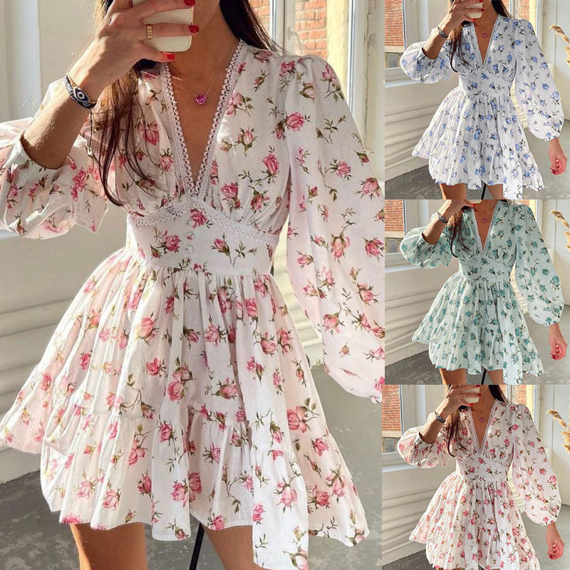 Printed V-neck pleated short long sleeved dress for women