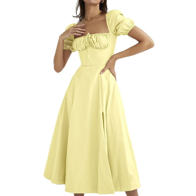 Bubble sleeve lace up slit dress for women