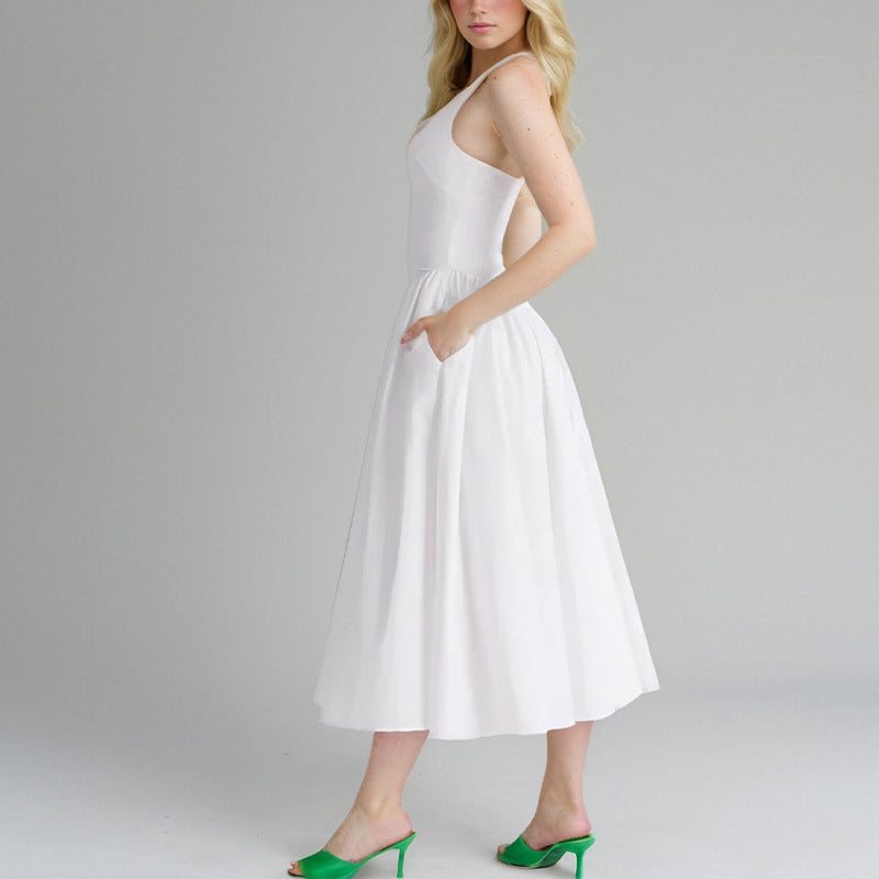 Fashionable hanging neck solid color sleeveless waist cinching big swing dress