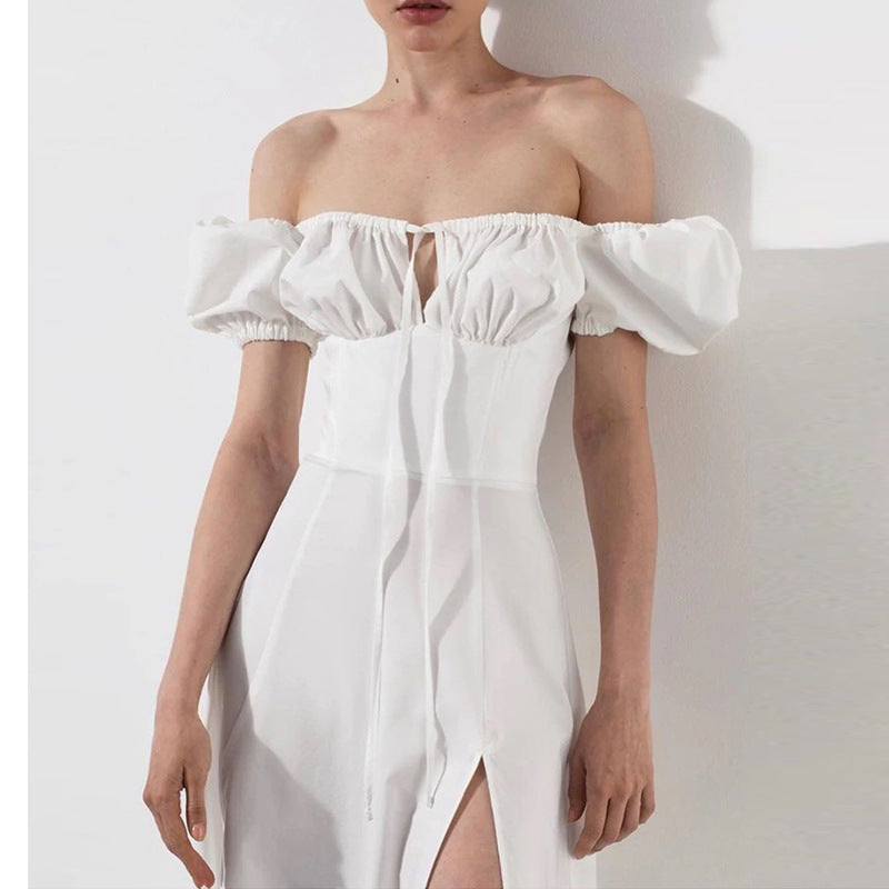 Bubble sleeve lace up slit dress for women