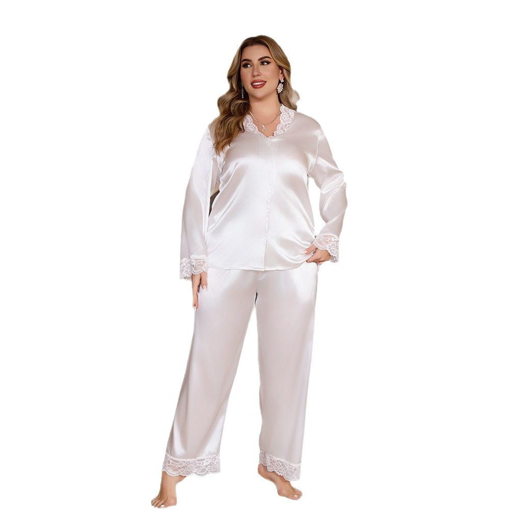 European and American Plus Size Women's Summer Lace Trim Long Sleeve Long Pants Pajama Set Homewear
