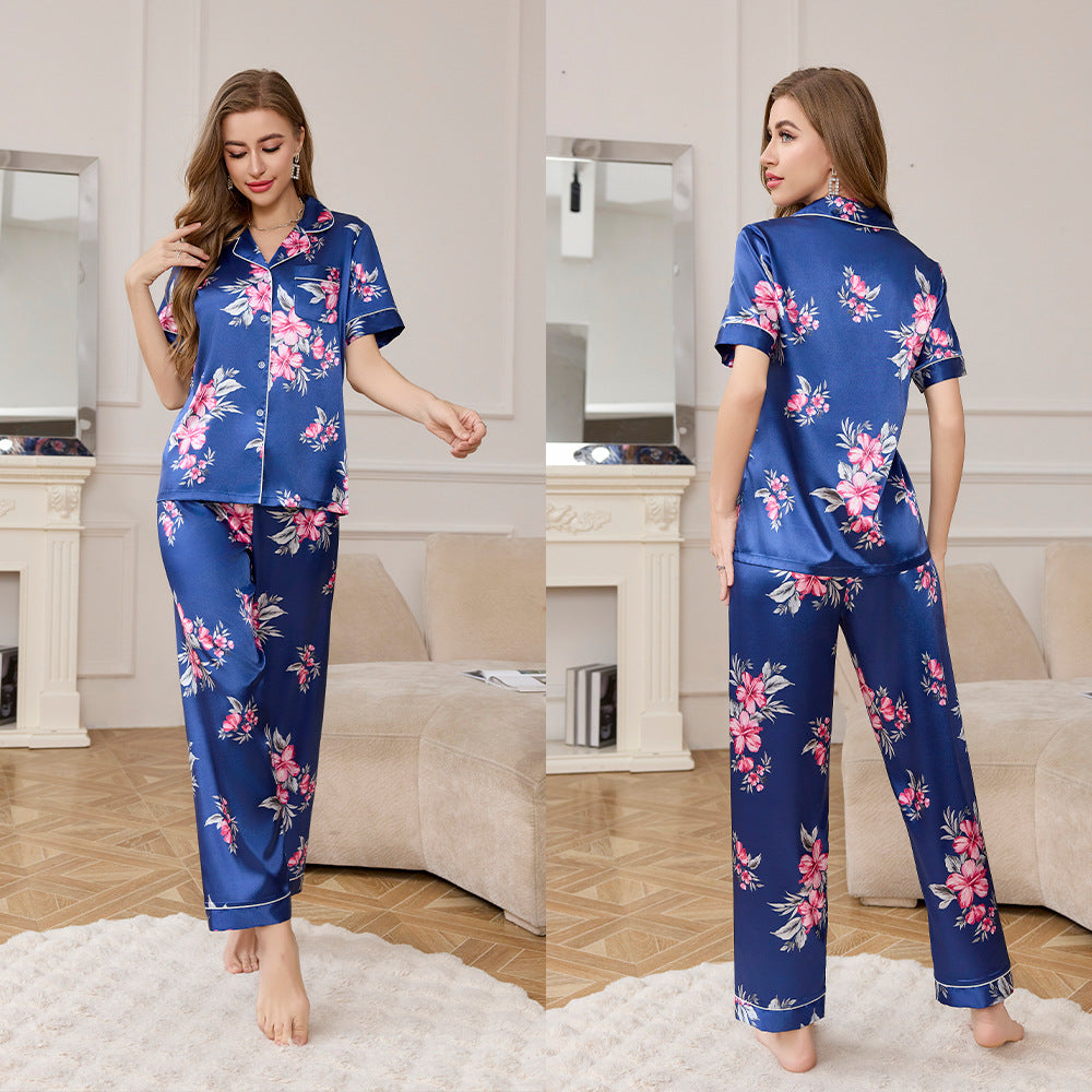 Silk Short Sleeve Long Pants Pajama Set with Print for Women