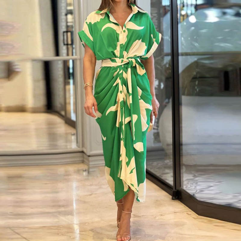 Collar mid length short sleeved single breasted high waisted shirt dress