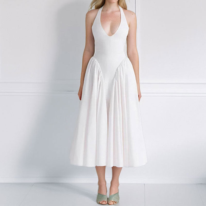 Fashionable hanging neck solid color sleeveless waist cinching big swing dress