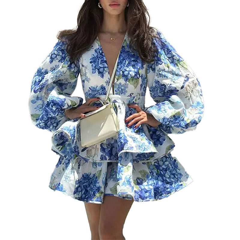 Printed V-neck lantern sleeve waist cinched dress