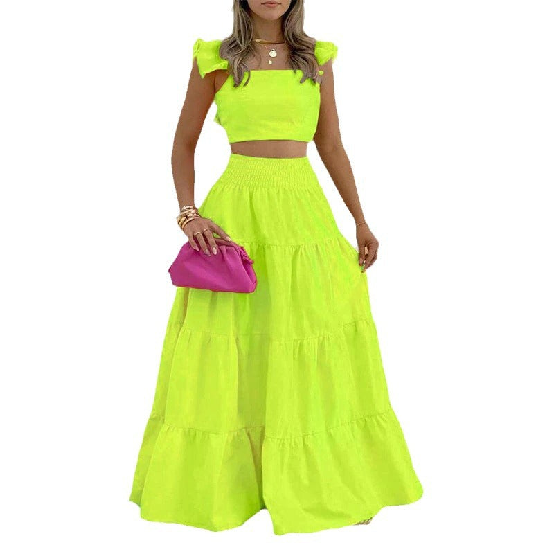 Mid waist camisole large swing skirt fashionable casual set