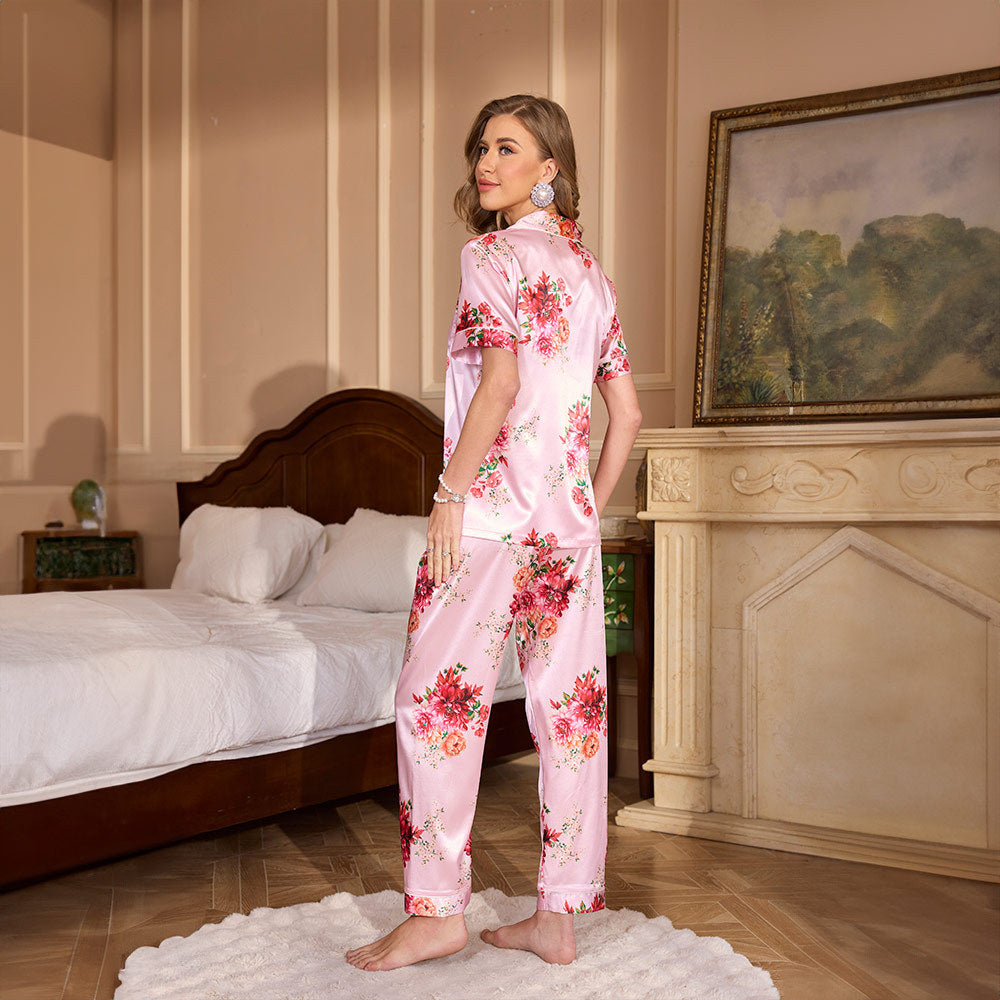 Fashionable Printed Short Sleeve Long Pants Pajama Set for Women Summer Casual Notched Collar