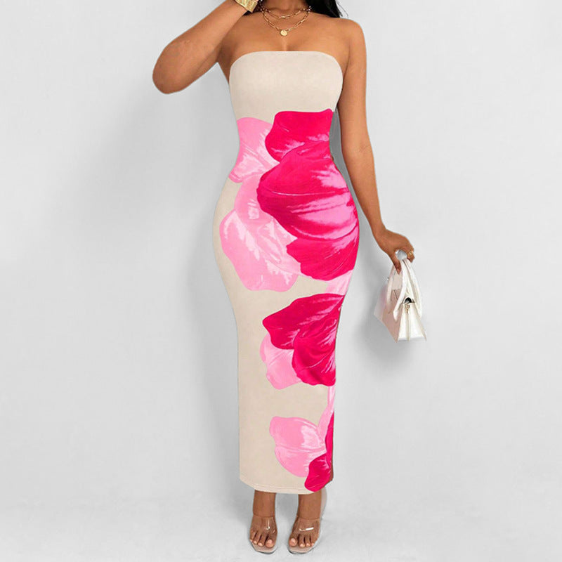 Slimming floral strapless printed dress for women
