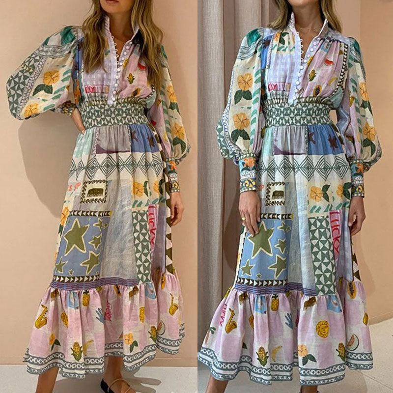 Colorful printed lantern long sleeved waist cinching dress for women