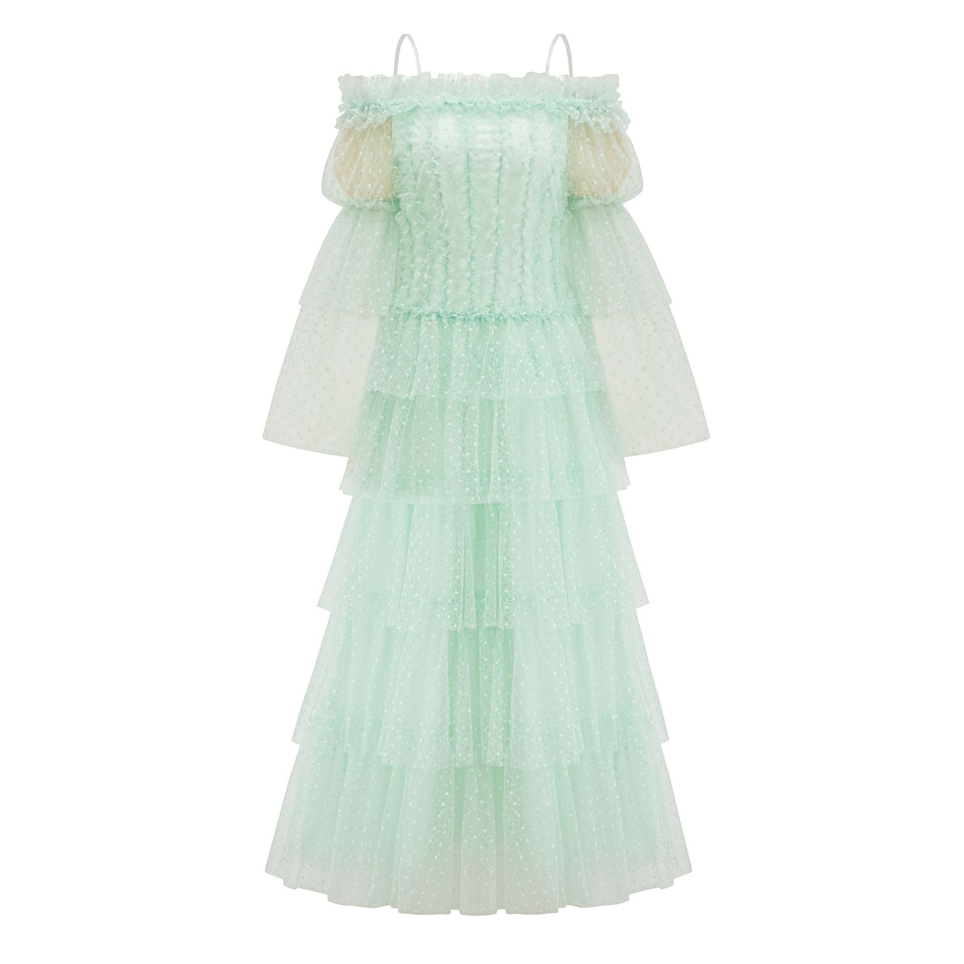Sweetheart Neck Polka Dot Green Tiered Dress with Off-the-Shoulder Sleeves